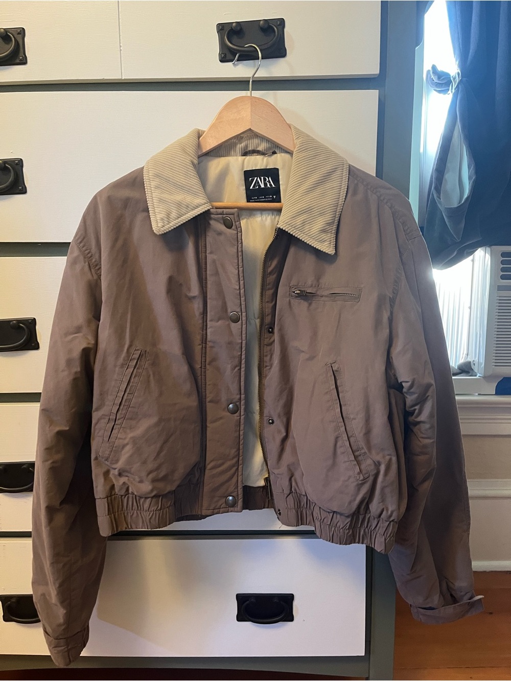 Zara Corduroy Collar Waxed Cropped Bomber Jacket